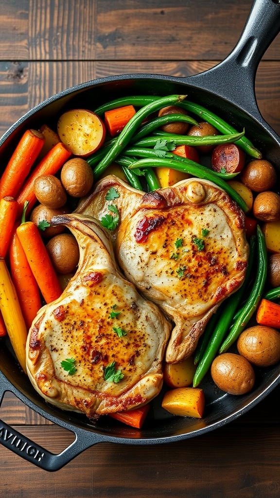 One-Pan Garlic Herb Pork Chop Dinner One-pan garlic herb pork chop dinner with roasted vegetables in a skillet.